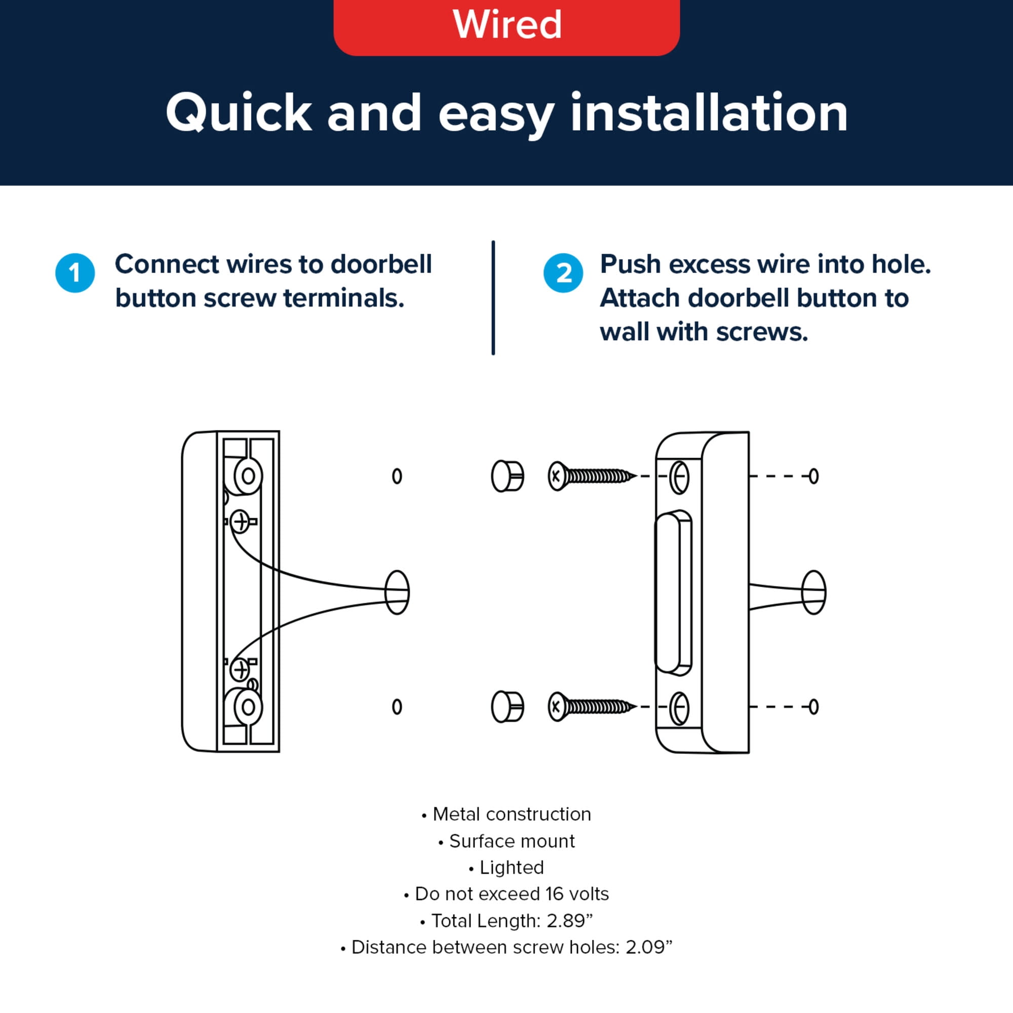 Globe Electric 91009255 Heath Zenith Metal Wired Lighted Push Doorbell Button - Nickel