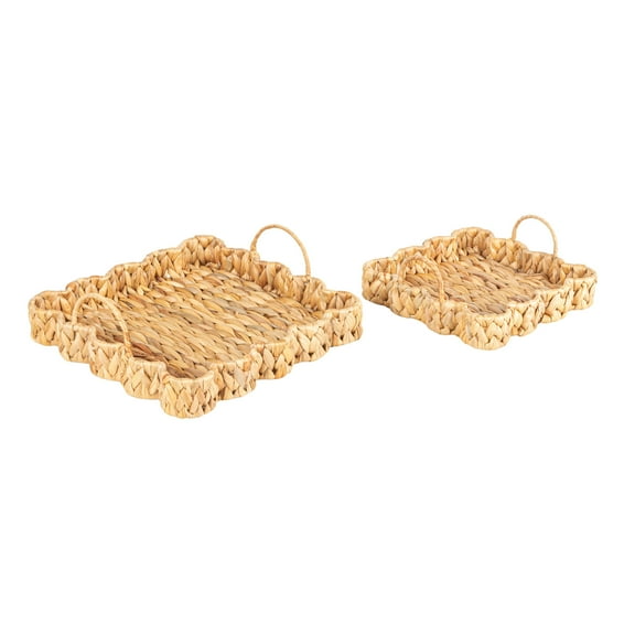 Household Essentials Woven Water Hyacinth Scalloped Square Trays, Set of 2