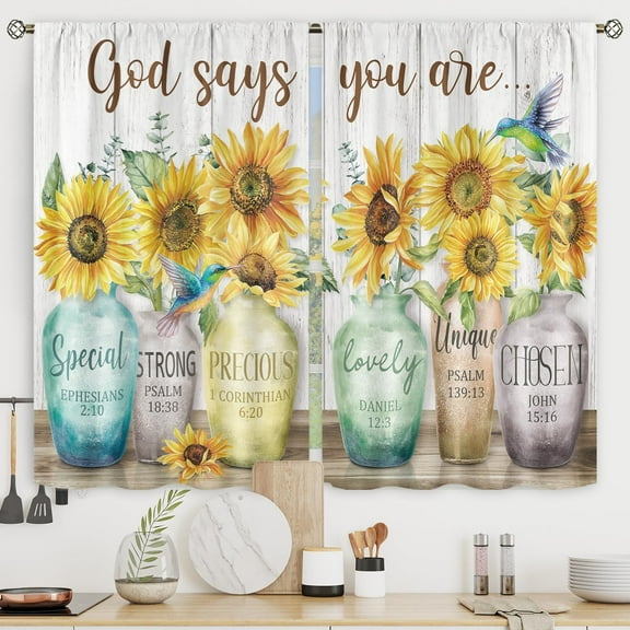 Sunflower Farmhouse Kitchen Curtains Rustic Floral Flower Blossom Vase Positive Quotes Vintage Hummingbird Wood Rod Pocket Nature Bedroom Living Room Treatment Fabric 2 Panels 27.5Wx39H Inch