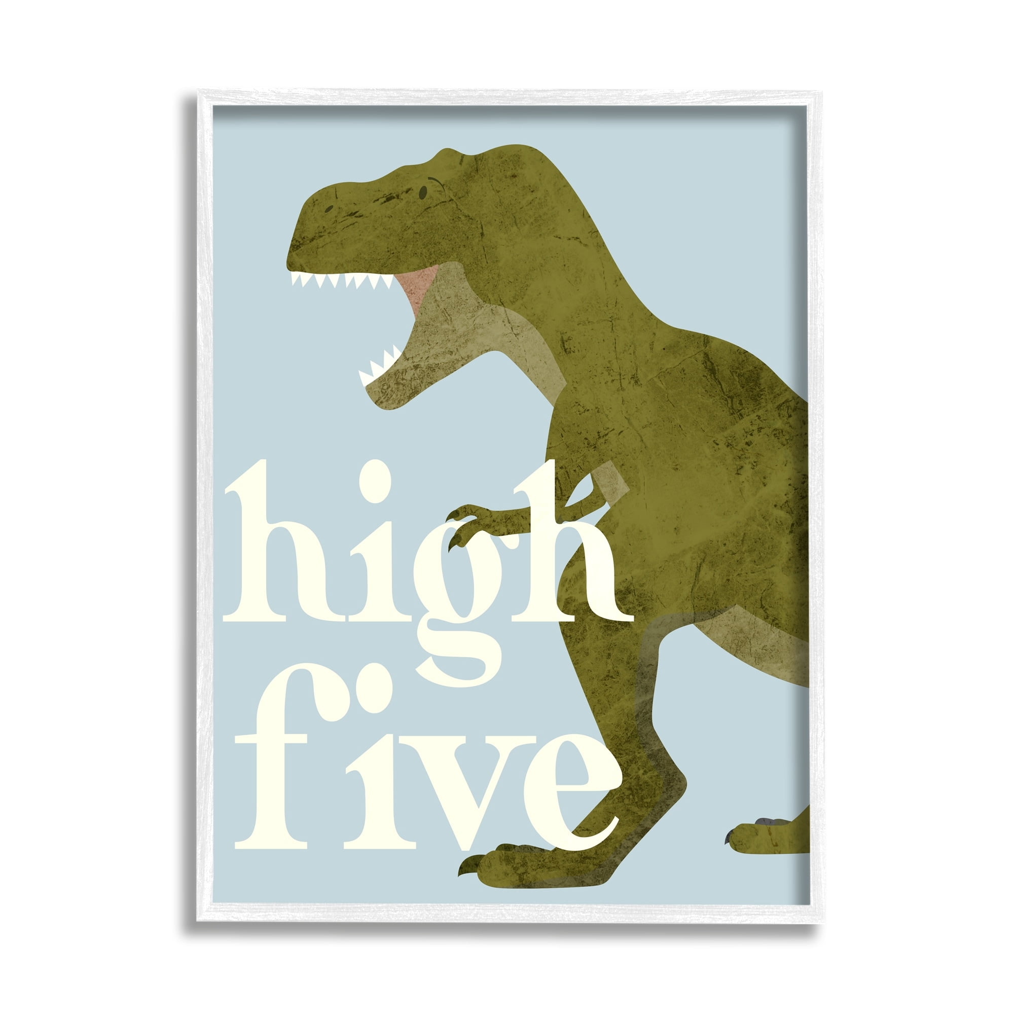 Stupell Industries High Five Roaring Dinosaur T-Rex Kids Typography Graphic Art White Framed Art Print Wall Art, Design by Daphne Polselli