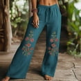 thumbnail image 4 of Embroidered Cotton Pant，Boho Embroidered Floral Pants Womens Casual Linen Pants Drawstring Elastic Waist Pants With Pockets Cotton Linen Flowy Palazzo Pants Vintage Lounge Trousers, 4 of 5