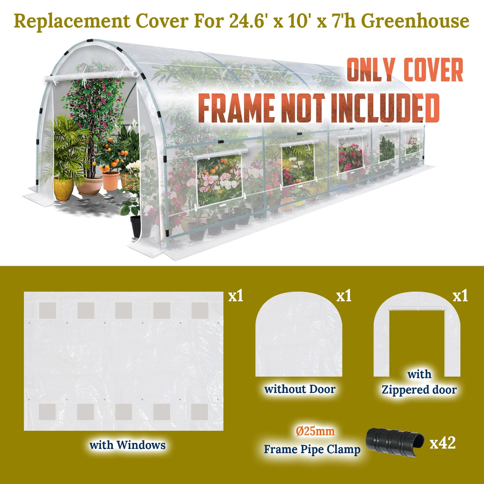 SUNRISEUMBRELLA Half-Transparent Greenhouse 3Pcs Cover Replacement ONLY Larger Walk in Outdoor Plant Garden, Frame NOT included（24.6x10x7 FT）