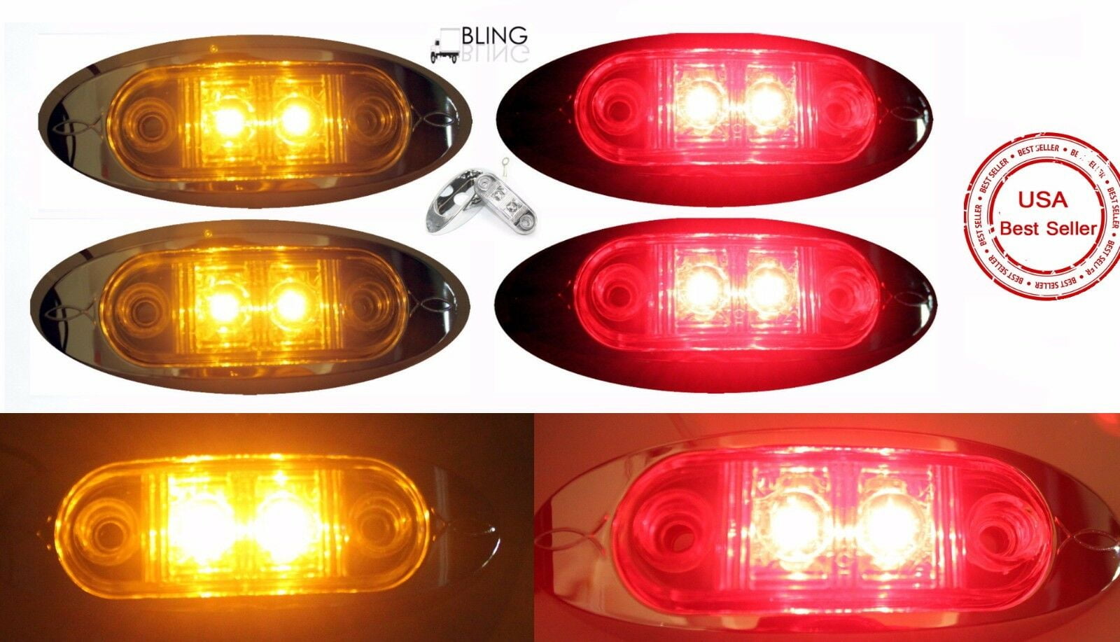 2x Amber 2x Red Clearance 2.5" 2-LED Oval Side Marker Lamp Light Truck Trailer