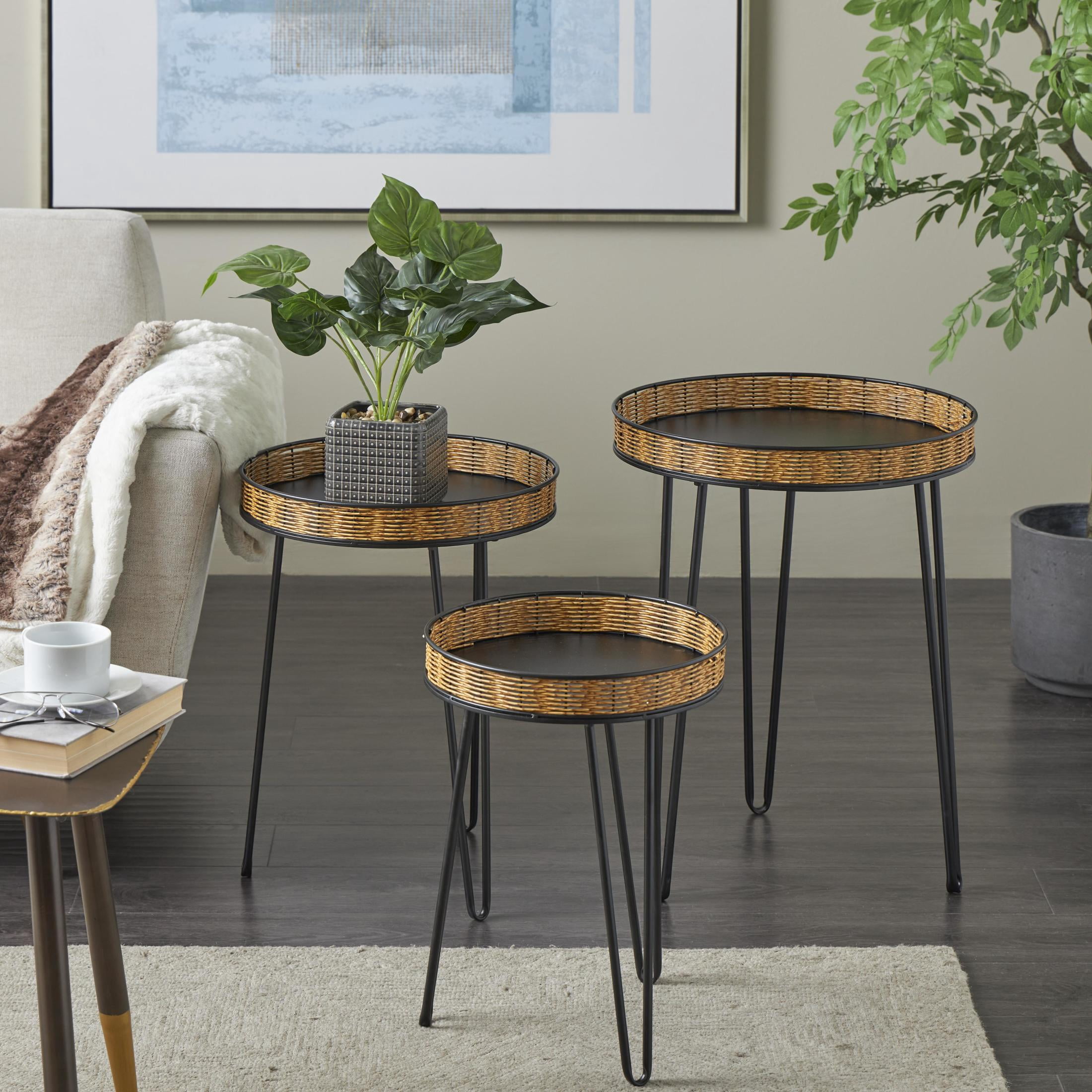 DecMode 18" x 24" Black Metal Handmade Accent Table with Rattan Edges Tabletops, 3-Pieces