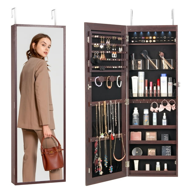 VEVOR Armoire à Bijoux Miroir 42,52 Po Verrouillable Murale Ou de Porte Armoire Montée Brun