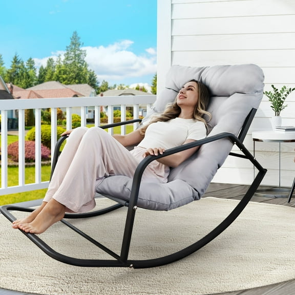 RADIATA Oversized Papasan Rocking Recliner Chair with Footrest, 450lbs Wicker Lounge Chair for Indoor Outdoor Patio, Living Room, Gray