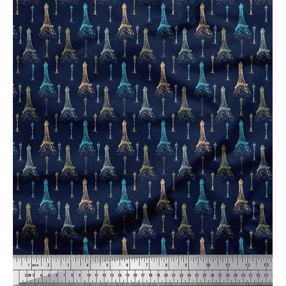 Soimoi Blue Cotton Duck Fabric street lamp & Eiffel Tower Architectural Print Fabric by Yard 42 Inch Wide