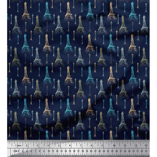 Soimoi Tissu en Velours Bleu Lampadaire et Tour Eiffel Tissu Imprimé Architectural 1 Yard 58 Pouces de Large