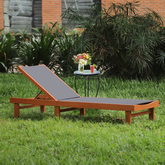 Costway Patio Lounge Chair Chaise Solid Wood Back Adjustable Recliner Deck Furniture Gray