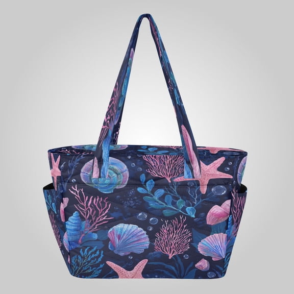 Quilted Tote Bag Large Capacity Multi-Compartment Handbag Lightweight Structured Shoulder Bag Versatile Casual Bag Whimsical Underwater Ocean Print
