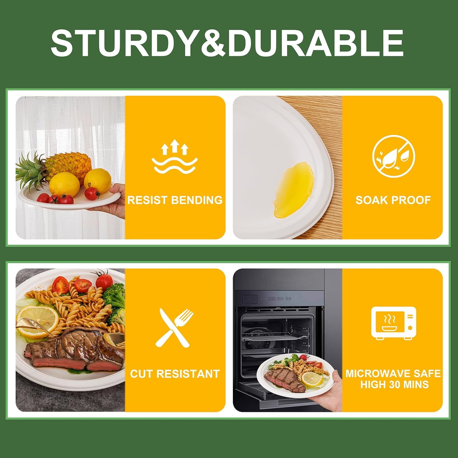 10 Inch Paper Plates, 125-Pack 100% Compostable Heavy Duty Disposable Plates Bulk, Biodegradable Bagasse, Eco-Friendly, PFAS-Free | BPI Certified | Microwaveable