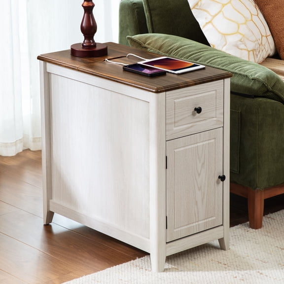 CHIC HOUSE End Tables for Living Room with Charging Station, Farmhouse Nightstand for Bedroom with Drawer Storage, Narrow Side Tables Accent Tables, Small Tables for Small Spaces, Brown & Oak