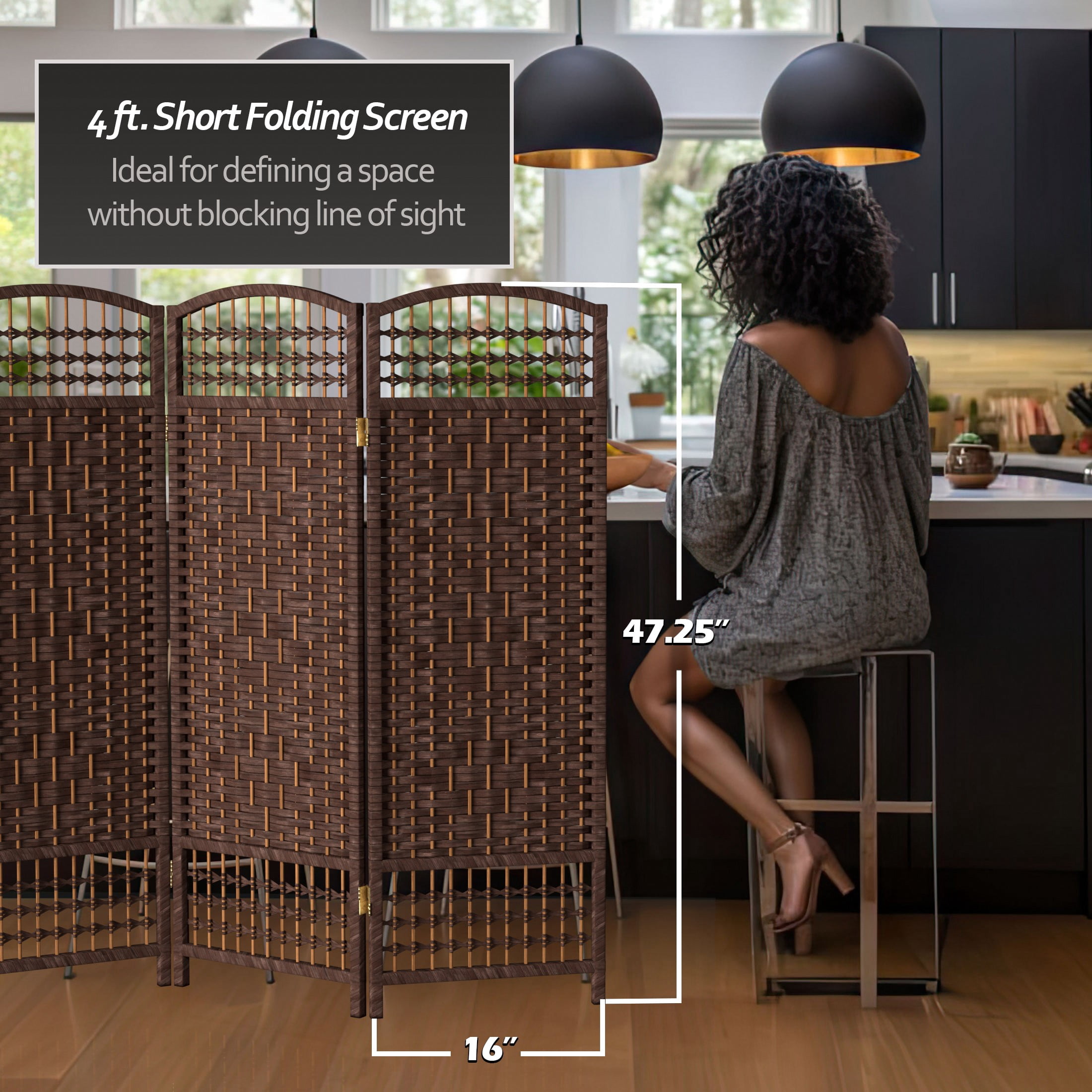 Red Lantern 4 ft. Short Fiber Weave Folding Screen - Dark Mocha - 6 Panels