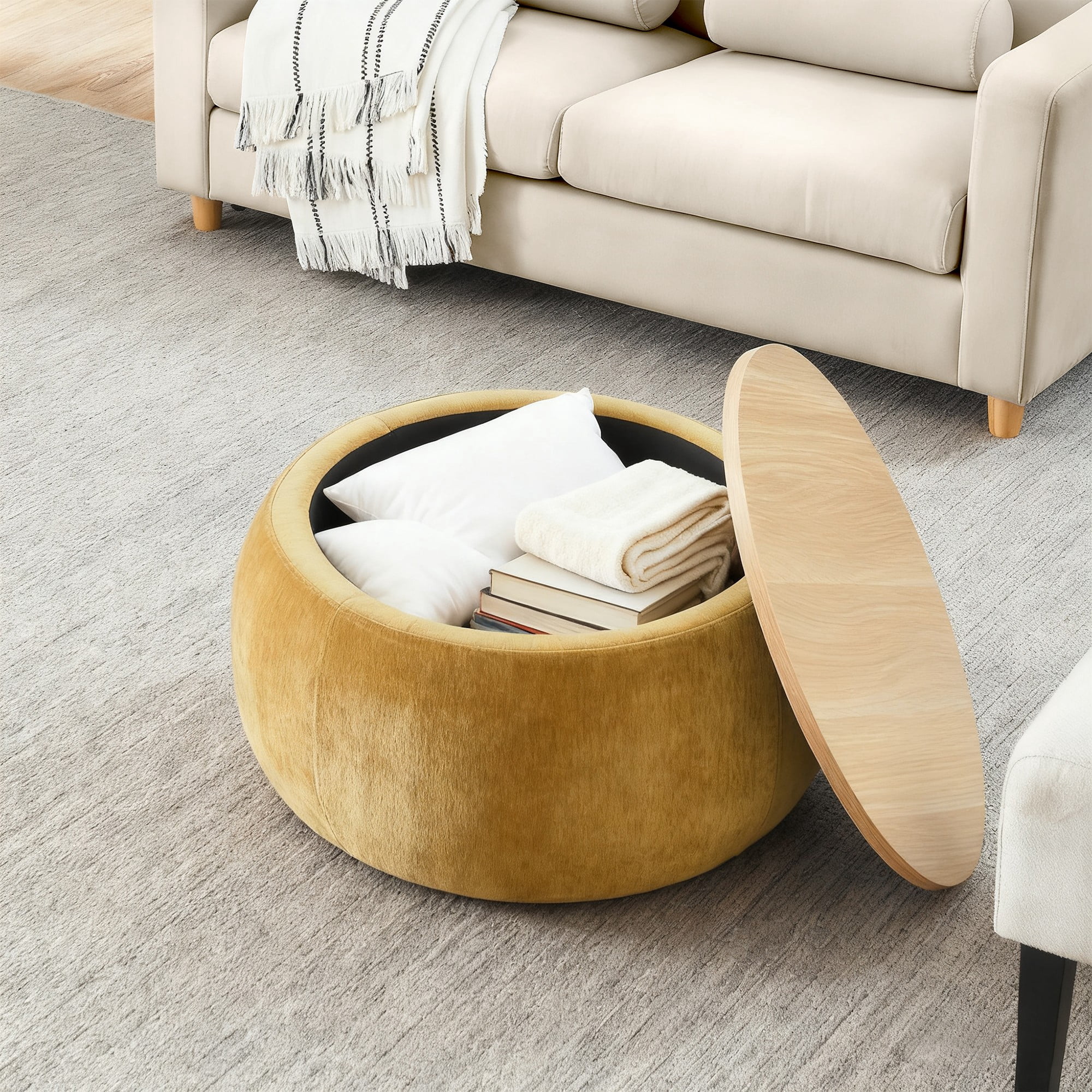 Aukfa 2pc Round Storage Ottoman, Chenille Upholstered Pouf Foot Rest Stools, Coffee End Table for Living Room, Bedroom, Dorm, Yellow