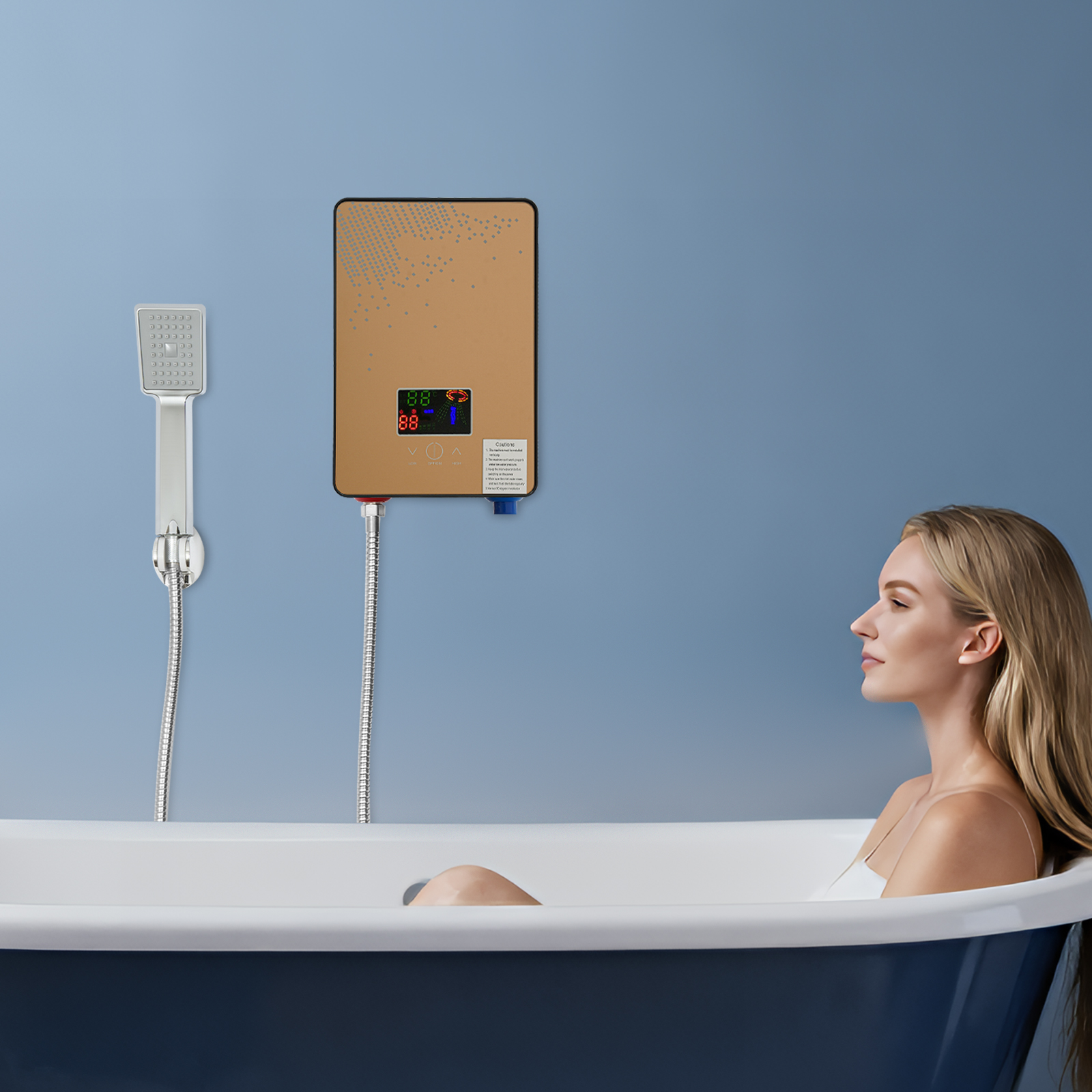 Peakora Electric Tankless Water Heater Gold 4500w Residential Instant Water Heater Electric LED Display with Shower Adjustable Instant Hot Water Heater for Bathrooms Hairdressing Salons Hotels
