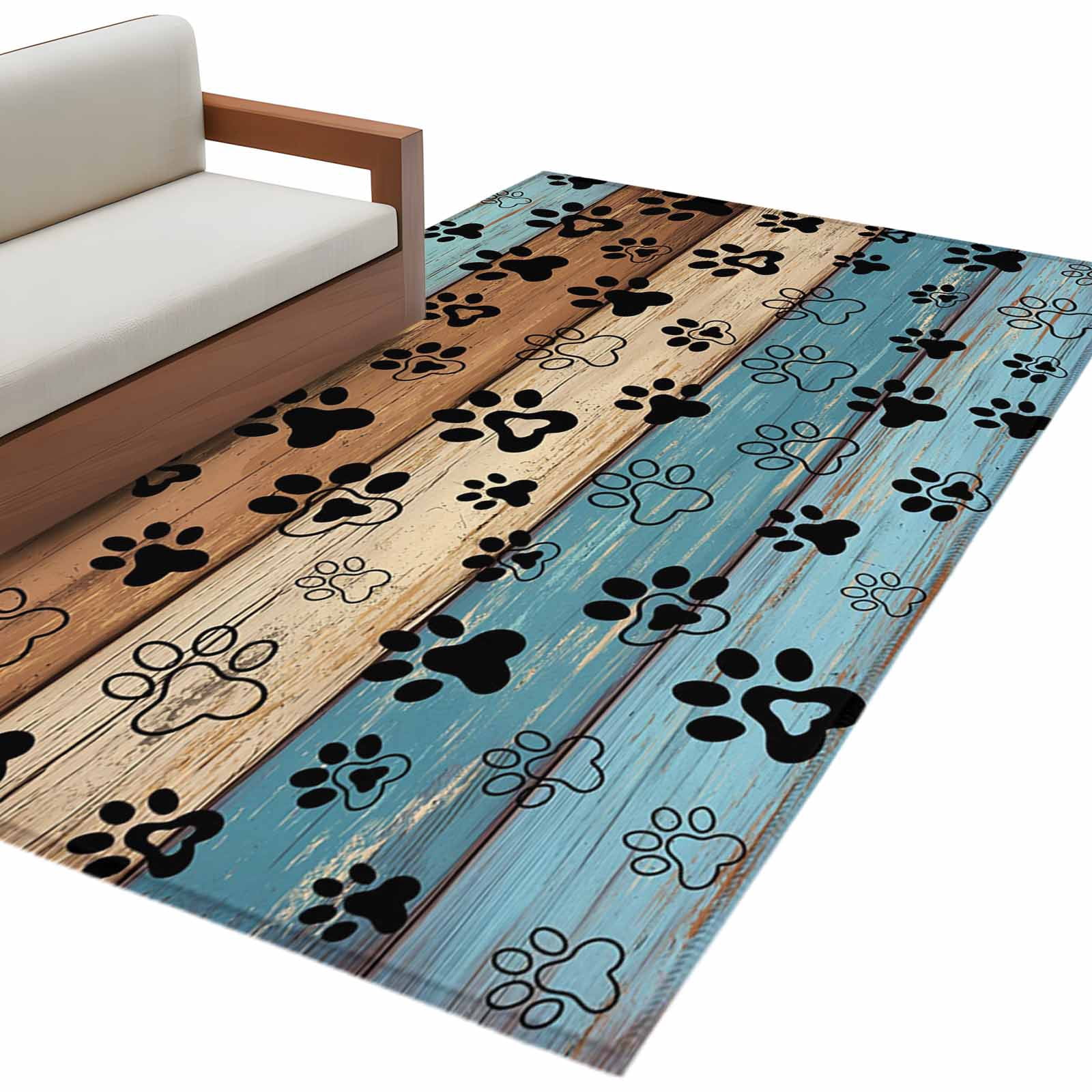 Area Rug for Living Room, Light Blue Brown Non-Slip Indoor Large Carpet for Bedroom/Dining Room, Rustic Farmhouse Dog Paw Vintage Washable Low-Profile Rectangle Floor Mat Runner Rugs - 2.7 x 5 Ft