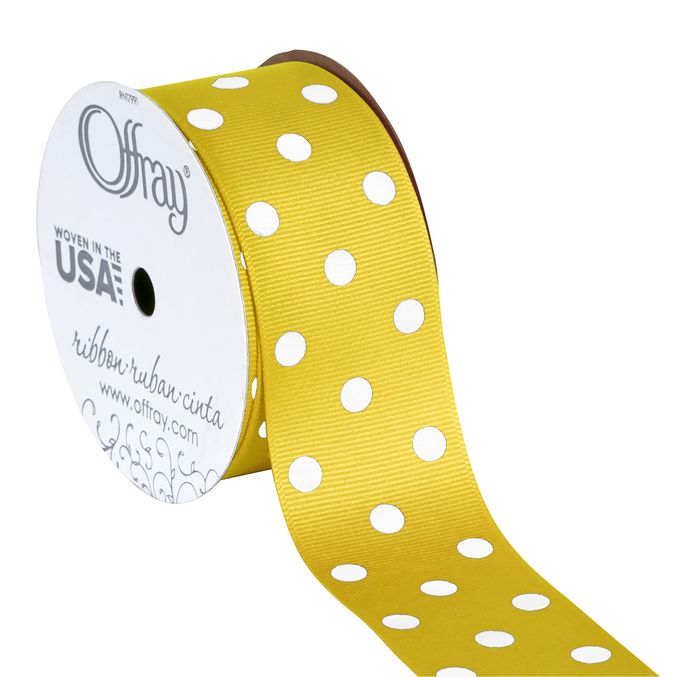 Offray Ribbon, Maize Yellow with White Polka Dot 1 1/2 inch Grosgrain Polyester Ribbon, 9 feet