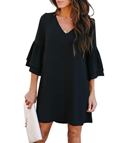 BELONGSCI Women's Dress Sweet & Cute V-Neck Bell Sleeve Shift Dress Mini  Dress Black - Walmart.com