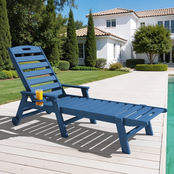 LOYALICE Adjustable Wheeled HDPE Plastic Outdoor Patio Lounge Chair W/ Cup Holder,78.3"x25.1"x16.3", Navy Blue