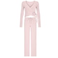 thumbnail image 4 of vdgthytj 2 Piece Sets for Women Long Sleeve V-Neck Wrap Waist Crop Tops Drawstring Wide Leg Pants Fall Casual Going out Outfits, 4 of 5