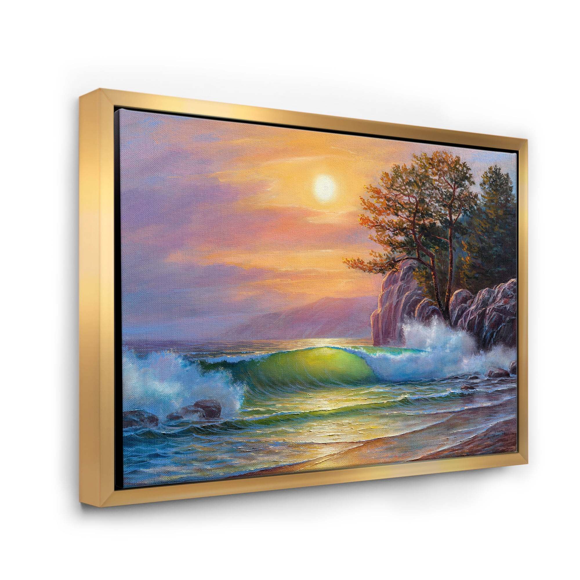 Sunrise On Sea Waves By The Pine Trees 20 in x 12 in Framed Painting Canvas Art Print, by Designart