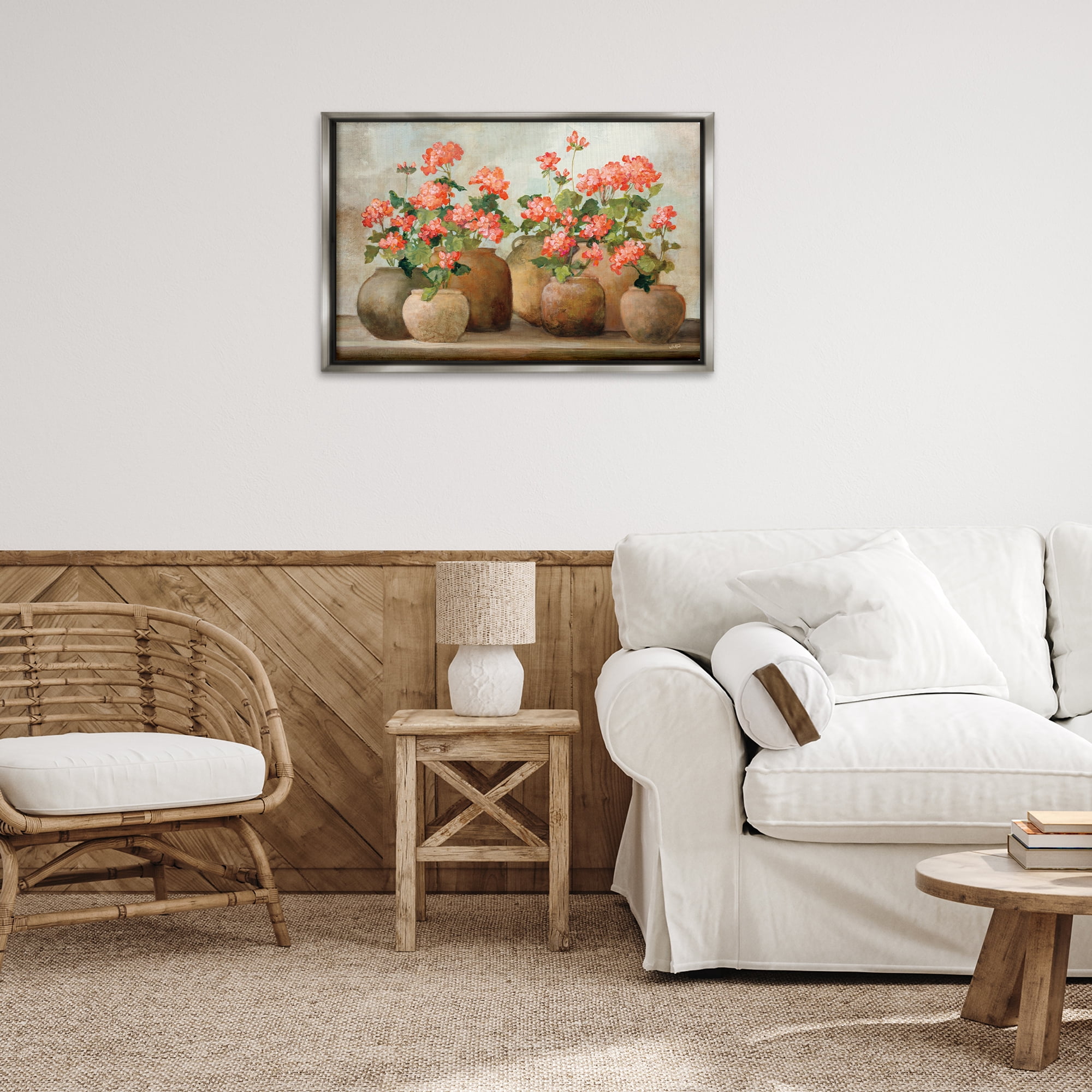 Stupell Industries Pink Cottage Geraniums Botanical & Floral Painting Gray Floater Framed Art Print Wall Art, 31 x 21