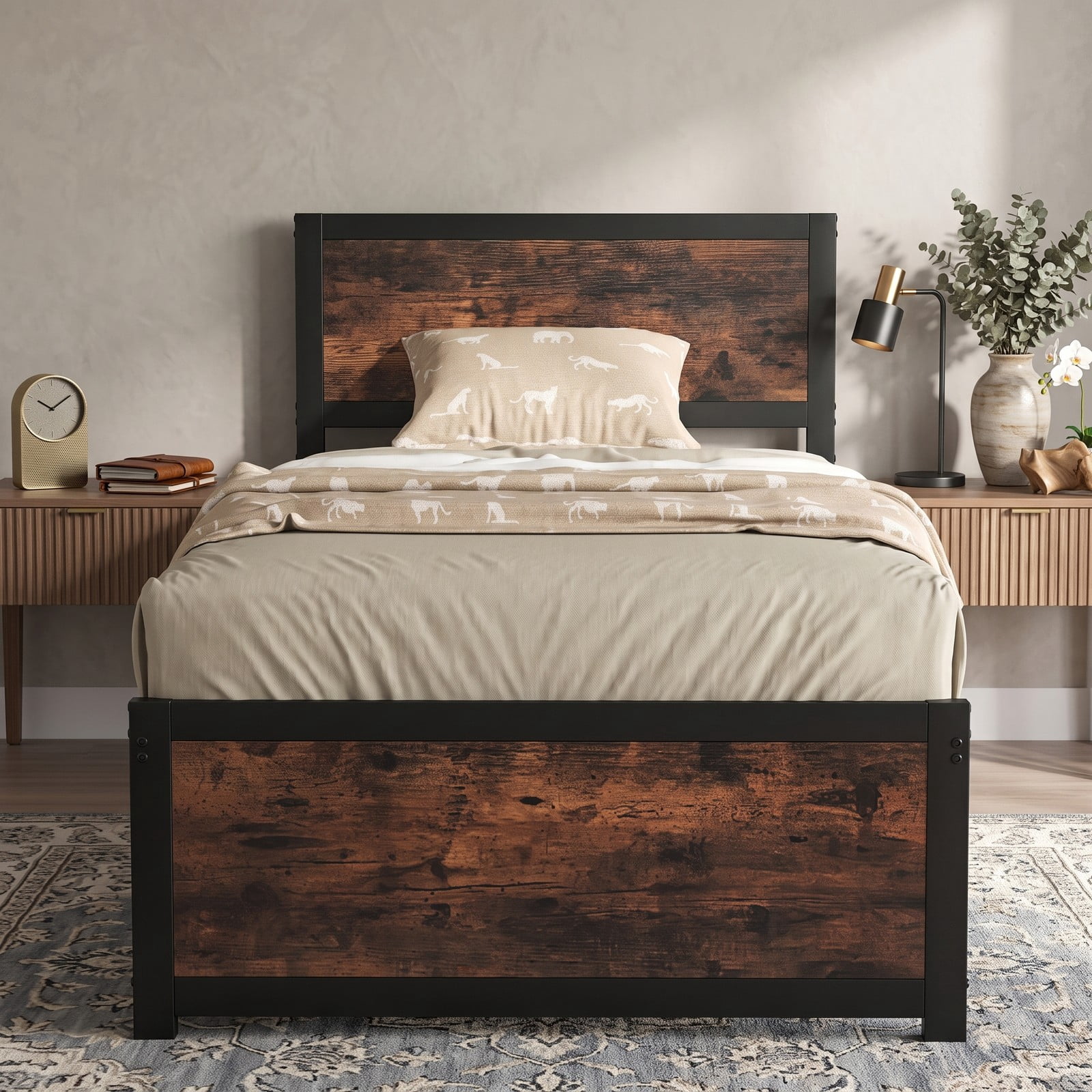 Furnibear Twin Bed Frame with High Wood Headboard, Heavy Duty Metal Platform Bed Frame with Mute Bars for Bedroom, Rustic Brown and Black