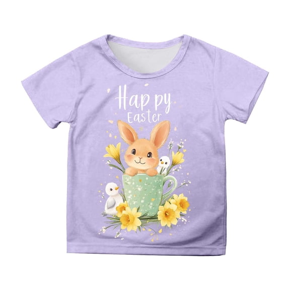 Easter Themed Printed Casual Tee for Girls Short Sleeve Top Comfortable Daily Shirt Size:12-13 Years