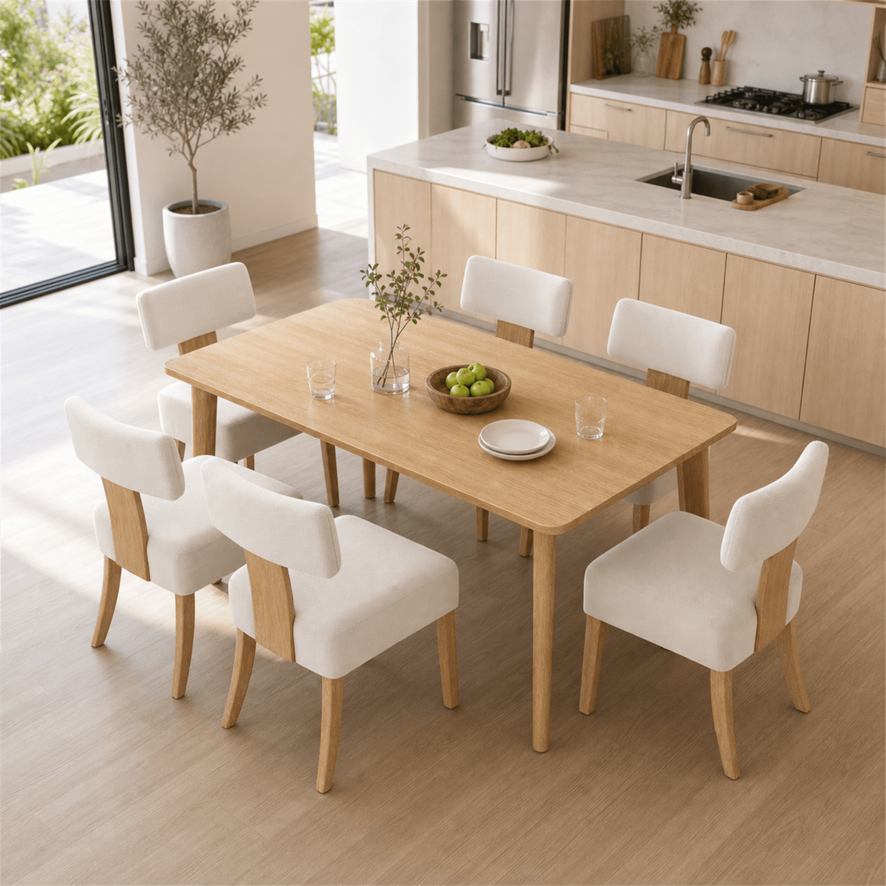 Prilinex Upholstered Dining Chairs Set of 6, Farmhouse Kitchen Side Chairs with Curved Backrests & Wider Cushion, Solid Wood Legs, Mid Century Modern for Dining Room Restaurant Home, Beige