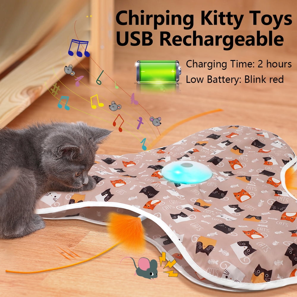 Interactive Cat Toys for Indoor Cats‌ Adult‌ with Feather Tail Switchable Mouse Sounds, ‌Kitten Enrichment Toys‌ for Hunting Self Play, Automatic Rechargeable Quiet Game