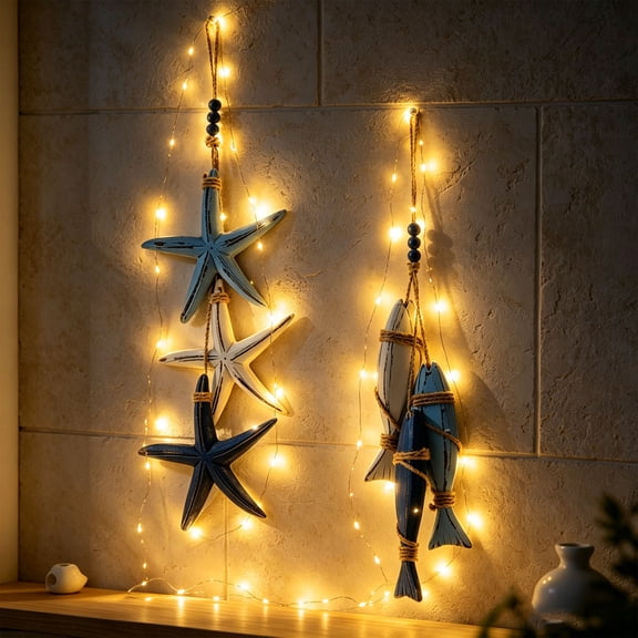 Mediterranean Decorative Pendants, Illuminated Coastal Wall Hangings, Nautical Starfish & Seahorse Decor, Battery-Powered Accent Lights for Beach House, Bathroom & Sea Themed Rooms, Dark Blue