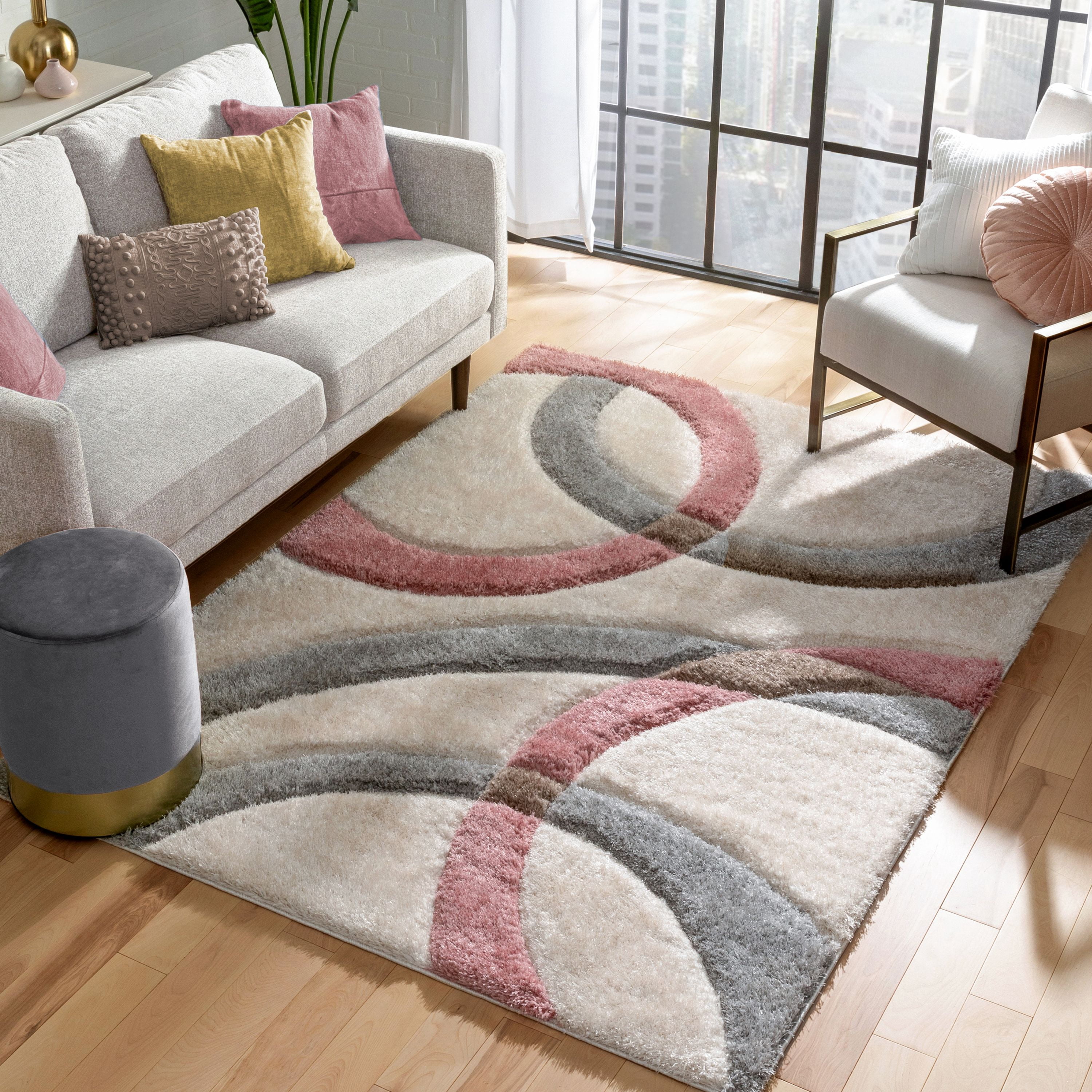 Well Woven Olly Blush Grey Geometric Stripes Thick Soft Plush 3D