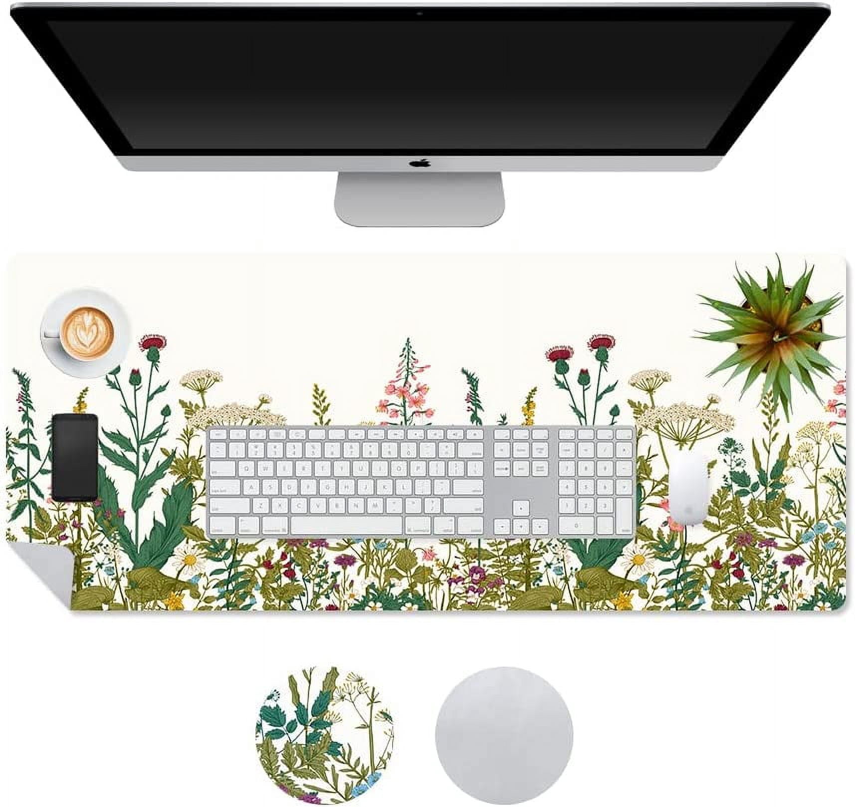 Large Desk Pad, Waterproof PU Leather Computer Desk Mat for Desktop, Wildflowers Weeds Print Cute Gaming Mouse Pad, XXL Full Desk Mousepad Non Slip Writing Pad 31.5" x 15.7" - Colorful Plants