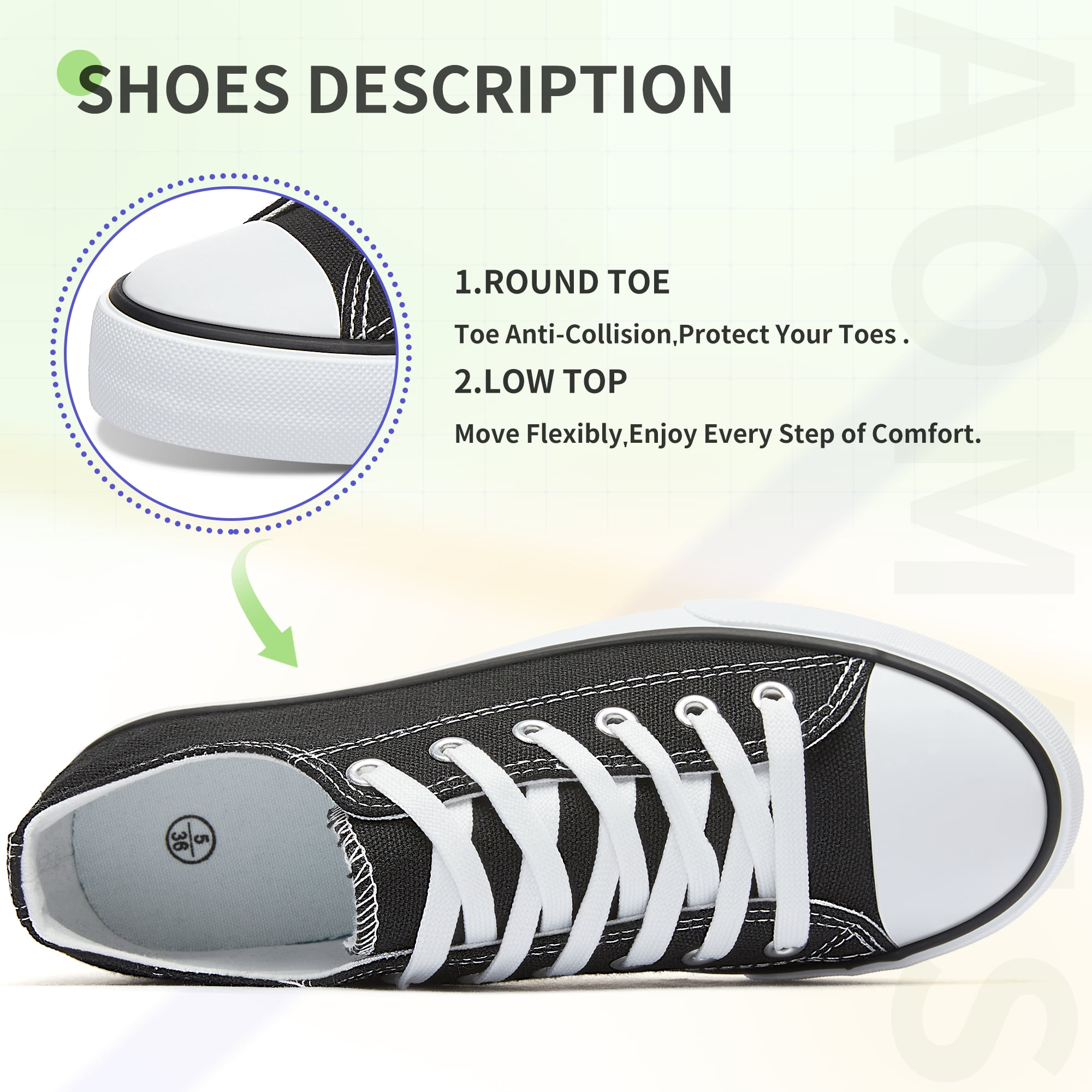 AOMAIS Womens Canvas Fashion Sneakers Classic Low Top Fabric Shoes Casual Walking Canvas Flats Cute Lace Up Tennis Shoes for Lady(Black US5)