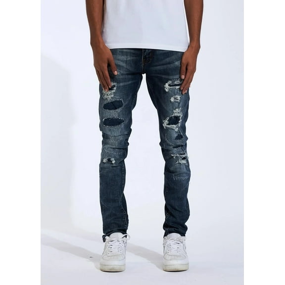 Crysp Denim Men's Indigo Wash Distressed Rip & Repair Skinny Fit Stretch Jeans (28, Indigo Blue)