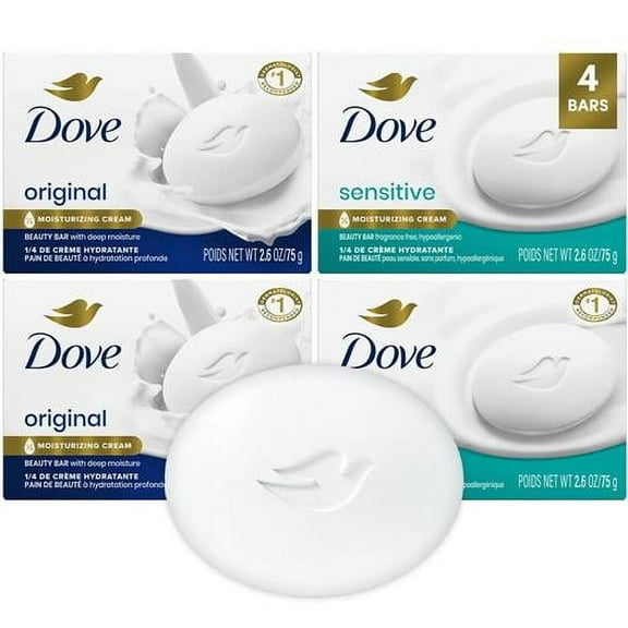 Dove Beauty Bar Soap Variety 4-Pack – Sensitive Skin, Fragrance-Free   Original, With Moisturizing Cream, 2.6 Oz Ea Packaging May Vary