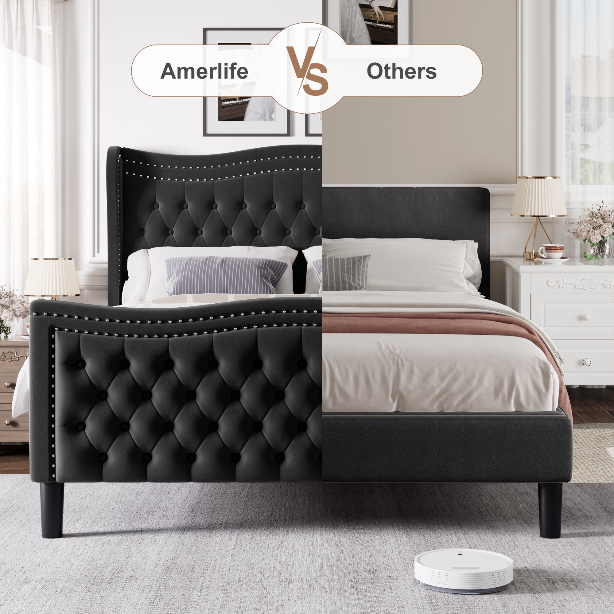 Gewnee King Bed Frame with 52'' Tall Headboard Velvet Upholstered Bed Frame,Double Nail & Wingback Design Platform Bed Frame.Black