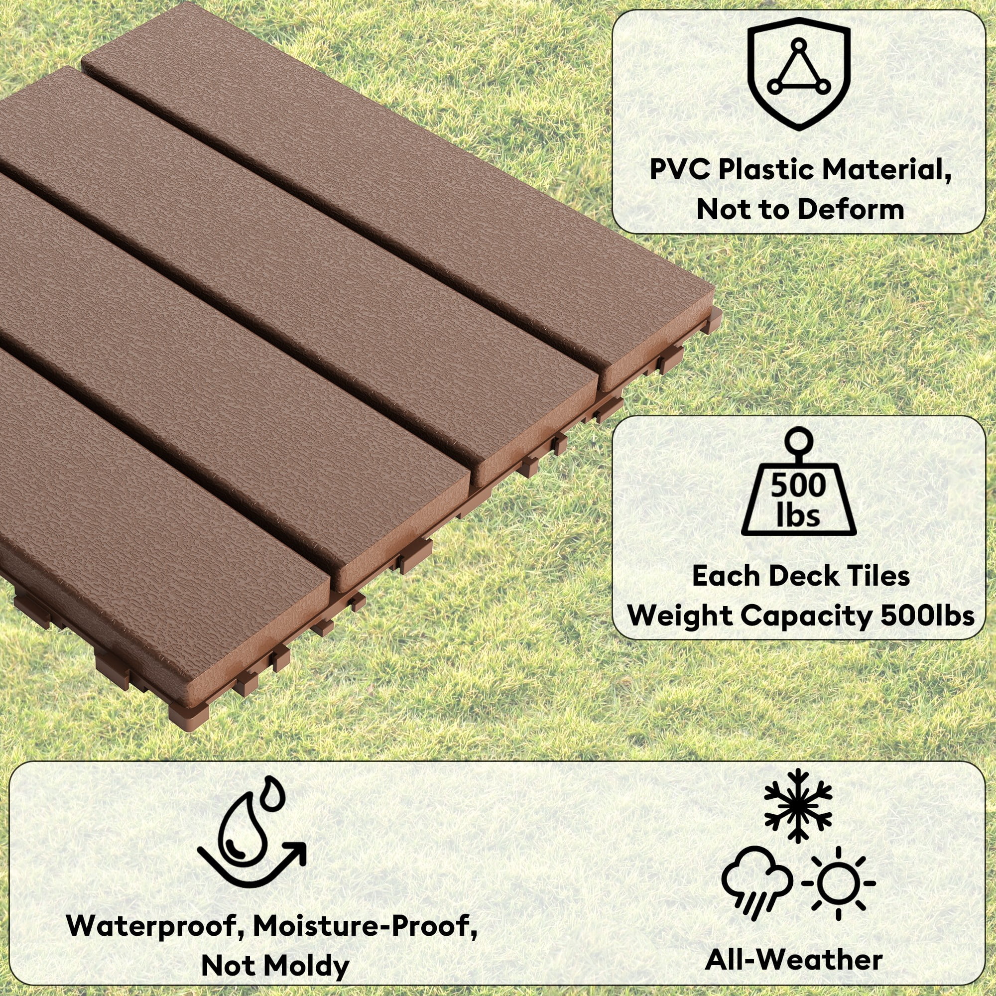 Miniyam 44 Pcs Interlocking Deck Tiles, 12" x 12", Polypropylene, for Outdoor Balcony Garden Brown