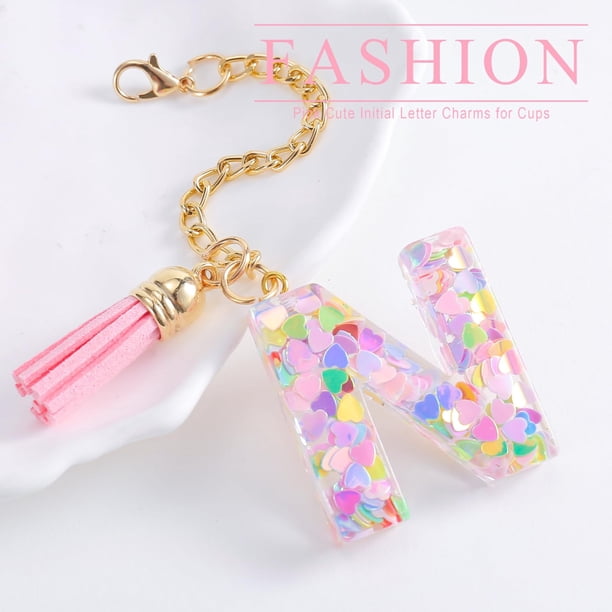 Llavero Con Inicial, Accesorio Para Vaso, Identificador Personalizado Para Taza, Decoración Con Lentejuelas En Forma De Corazón, Dije De Resina Epoxi, Idea De Regalo De Moda