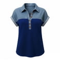 thumbnail image 5 of Ygbgbb Short Sleeve Shirts for Women Half Button Collared Pullover Blouses Color Block Patchwork Tops Summer Casual Shirts for Daily & Vacation Wear Blue L, 5 of 5