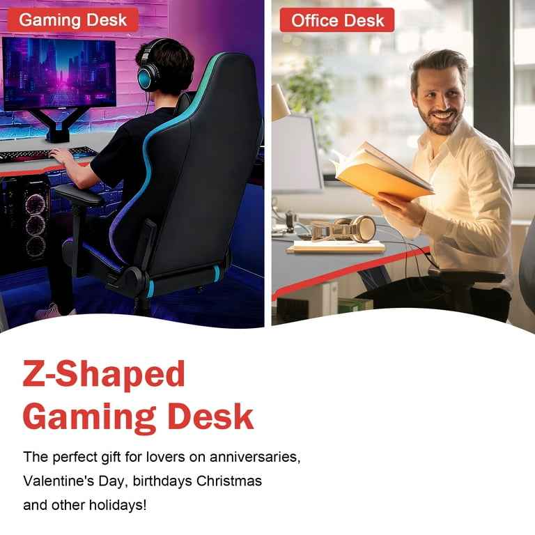 47 inch Z-Shaped Ergonomic Gaming Desk for Gamers, Office Desk