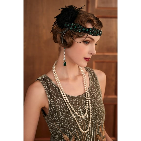 BABEYOND 1920s Flapper Headband Roaring 20s Gatsby Headpiece Black Feather Headband 1920s Flapper Hair Accessories (Dark Green)