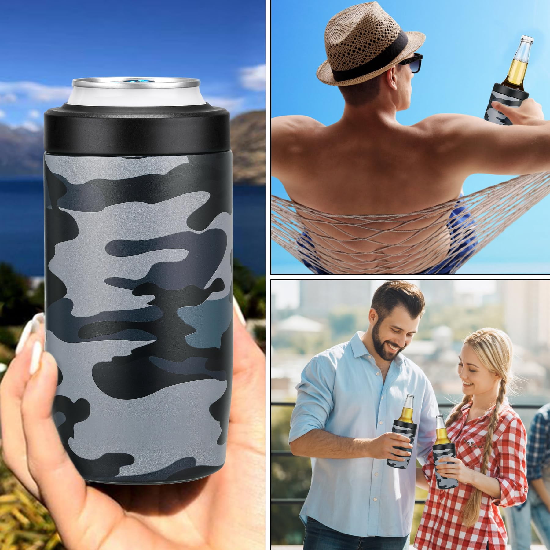 Jslove 4 in 1 Insulated Can Cooler - Universal Size for 12 oz Cans, Slim Cans, and Bottles - Camouflage