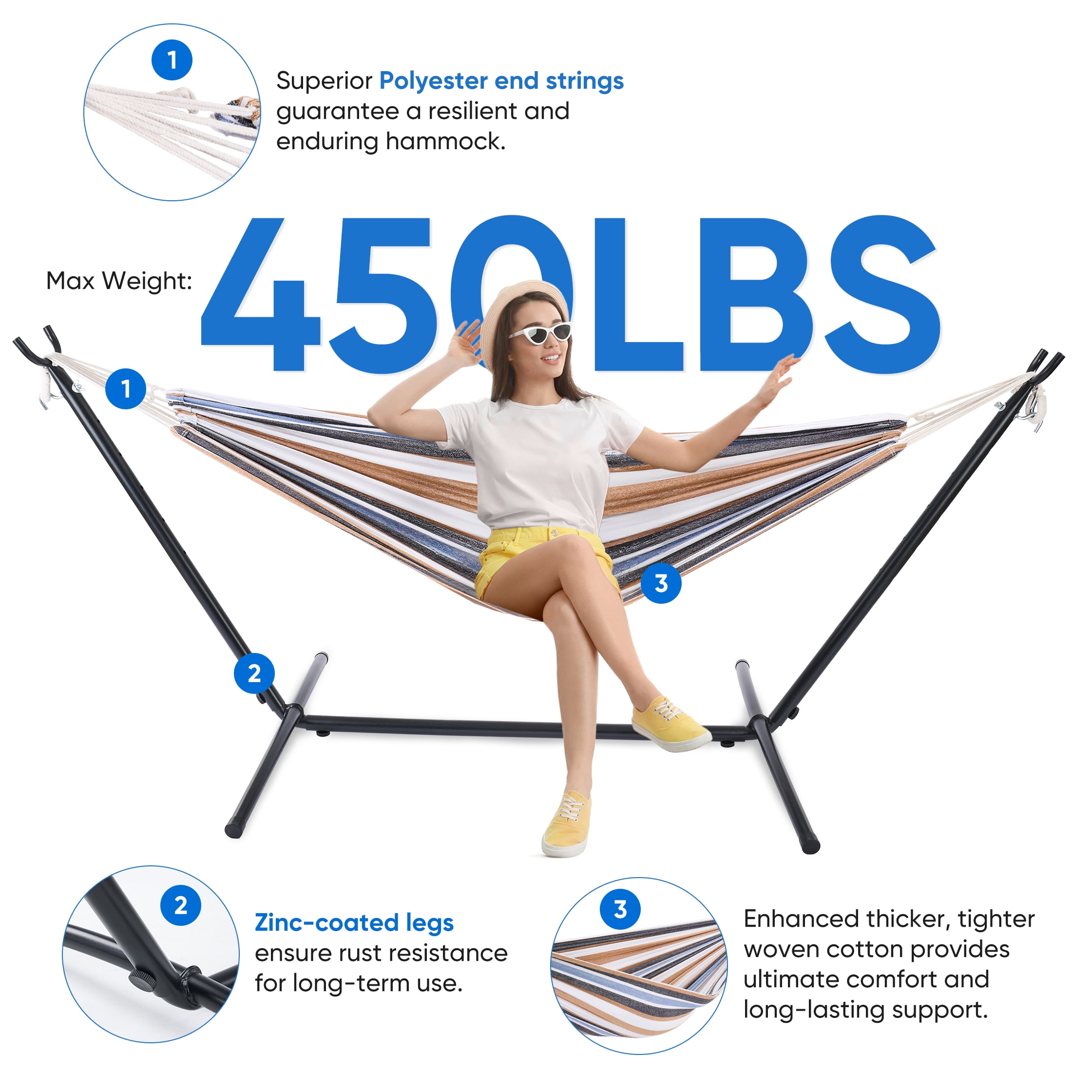 EDX Double Hammock with Space Saving Steel Stand, 2 Person Heavy Duty Outdoor 450lb Capacity Standing Hammocks, Upgraded Polyester End Strings, Portable Carrying Bag Included, Coffee Stripes