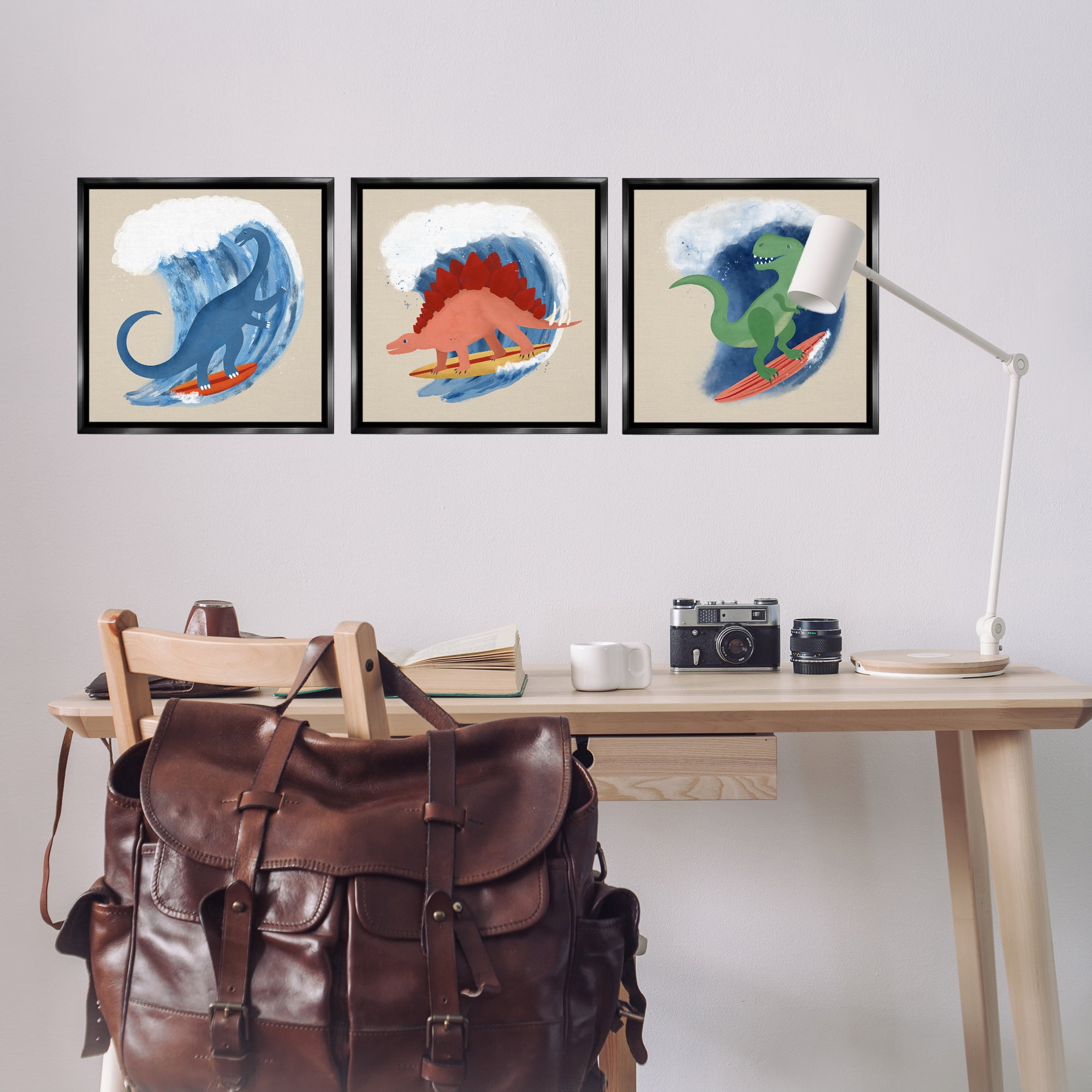 Stupell Industries Dinos Surfing Beach Waves Animals Painting Black Floater Framed Canvas Art Print Wall Art, 18 x 18, Set of 3