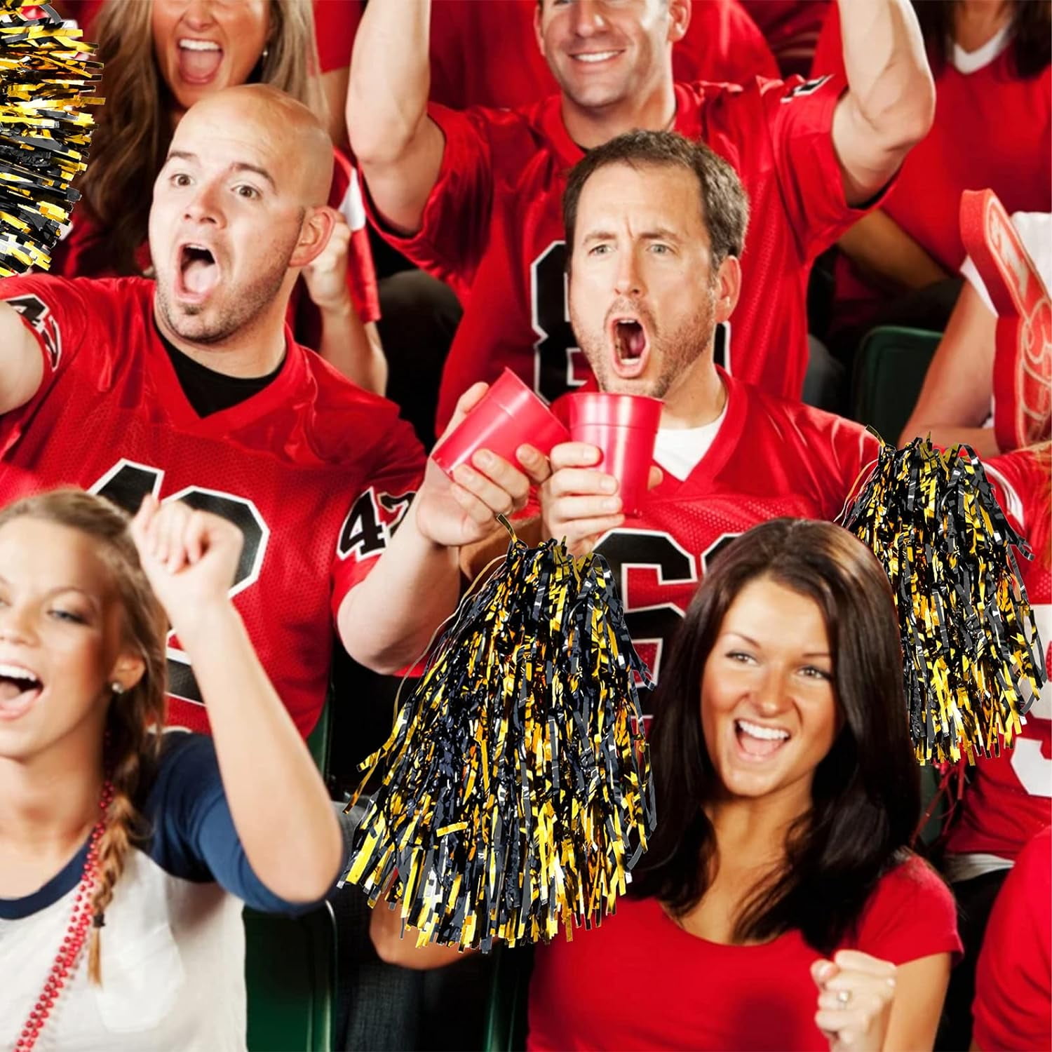 12 Pack Cheerleading Pom Poms with Baton Handle, Metallic Foil Pom Poms Hand Flowers Cheerleader Pompoms for Sports Cheers Ball Dance Fancy Dress Night Party (Black/Gold)
