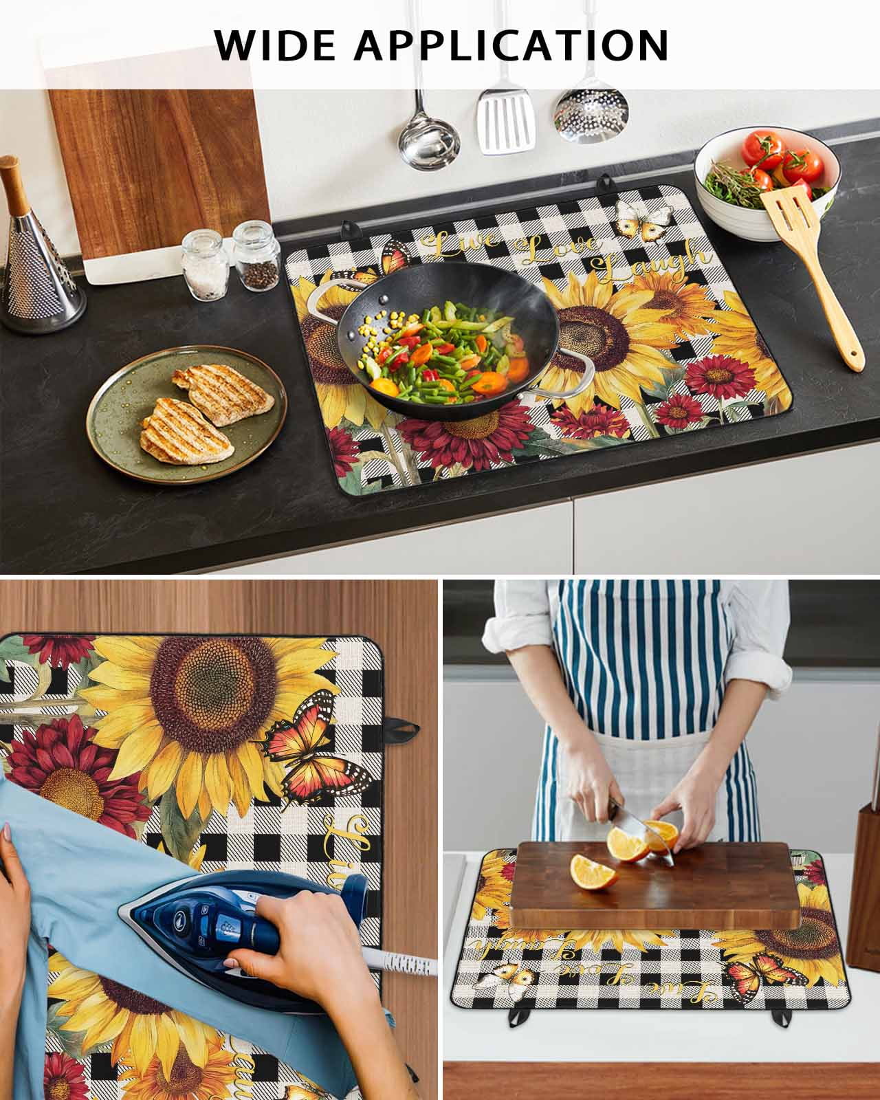 nqOlkjepod Large Induction Cooktop Protector Mat 24"x21", Sunflower Black Check Stove Top Covers for Electric Stove, Farmhouse Flowers Butterfly Stove Burner Cover Mats, Glass Top Stove Cover