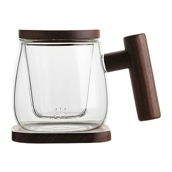Tea Mug : Glass Teacup with Infuser and Lid - Tea Cup with Wooden Handle, Teacup for Tea Steeping at Home and Office
