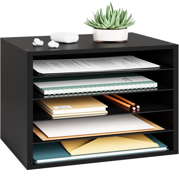 Ballucci 5 Tier Paper Organizer Letter Tray, Wood Desk File Organizer with Adjustable Shelves - Black