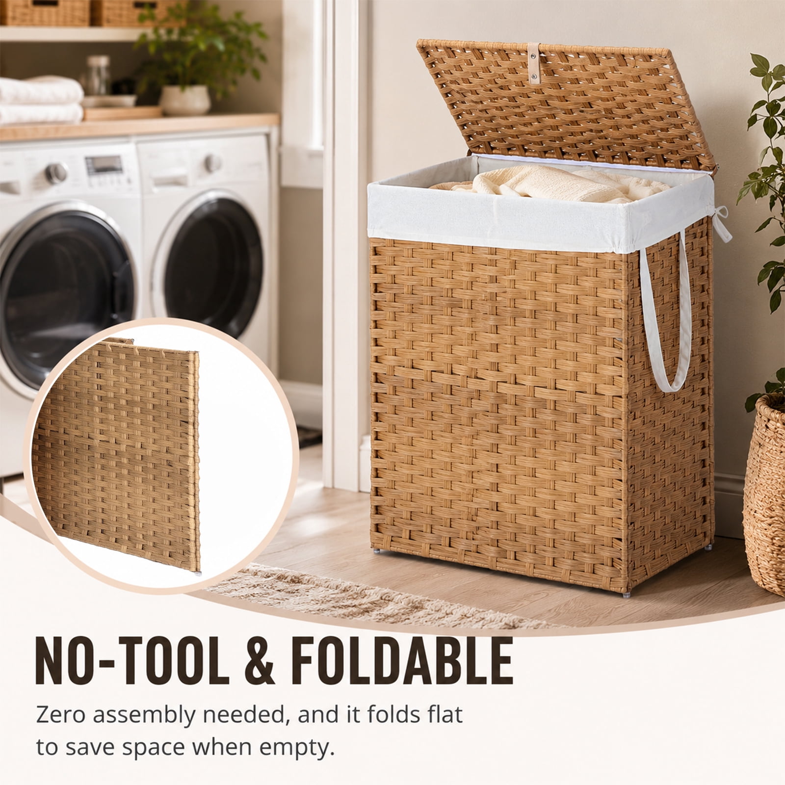 Alvantor 90L/110L Laundry Hamper with Lid, No Install Needed, Synthetic Rattan Clothes Laundry Basket with Lid and Handles, Foldable, Removable Liner, with Handles
